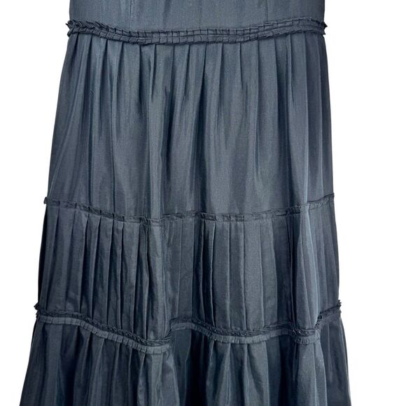 LOFT Women Tiered Midi Dress 4 Black Cotton Silk Pleated Fairy Goth Witch Boho - Picture 5 of 15